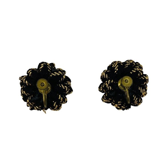 Vintage Fabric Floral Black Gold Screw Back Earrings - Picture 4 of 4